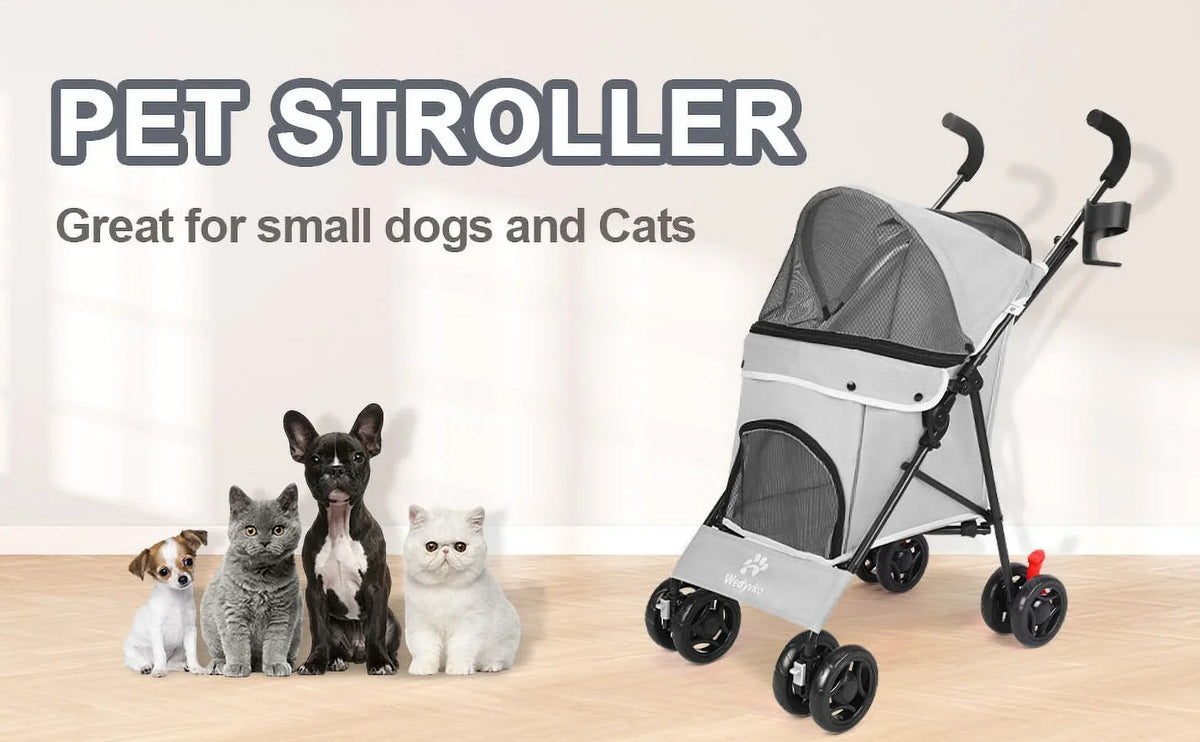 4-Wheel Foldable Cat And Dog Stroller With Storage Basket And 360 Degree Front Wheels - Gray