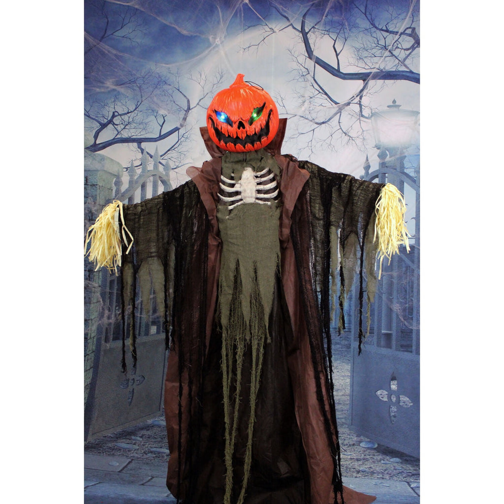 Haunted Hill Farm Life-Size Poseable 6.7-Ft. Pumpkin Scarecrow with Lights and Sound, Indoor or Covered Outdoor Halloween Decoration