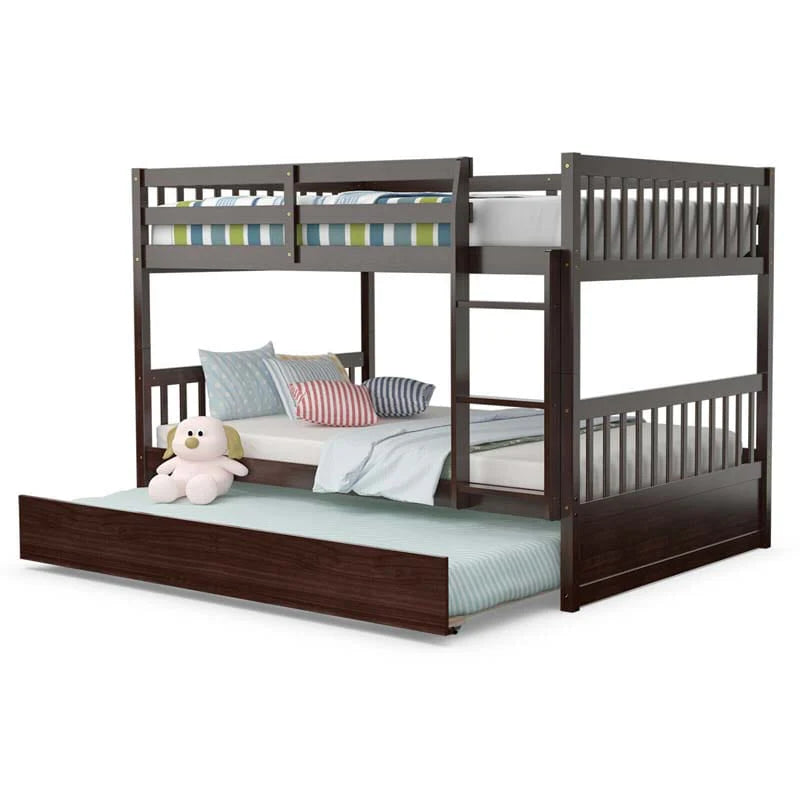 Full Over Full Convertible Bunk Bed Frame With Trundle, Ladder And Guardrails