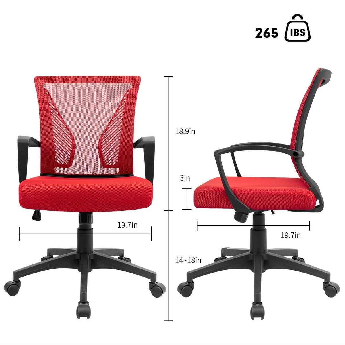 Ergonomic Mesh Mid-Back Office Chair With Adjustable Lumbar Support, 300 lbs Capacity
