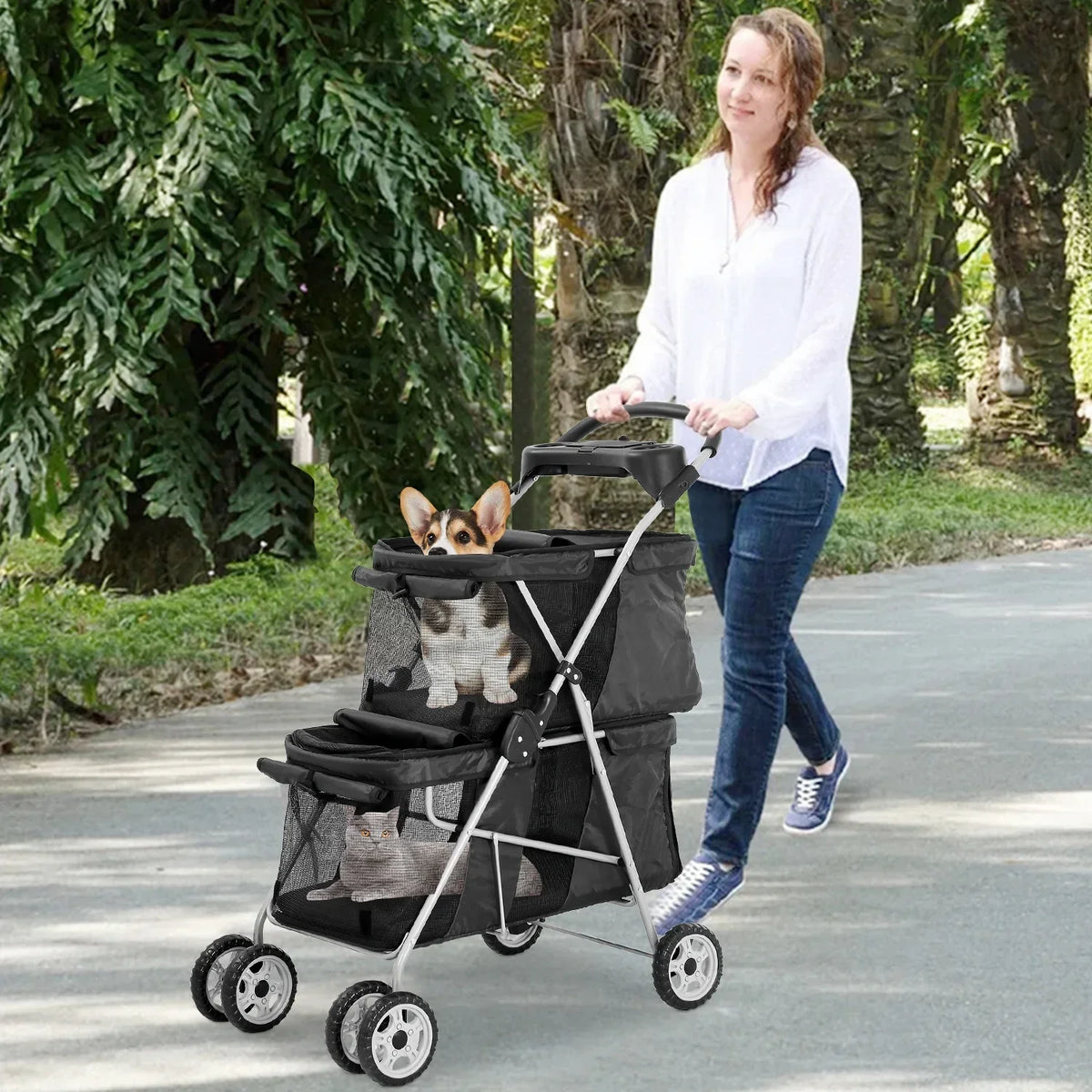4-Wheel Foldable Pet Stroller With 2 Cages