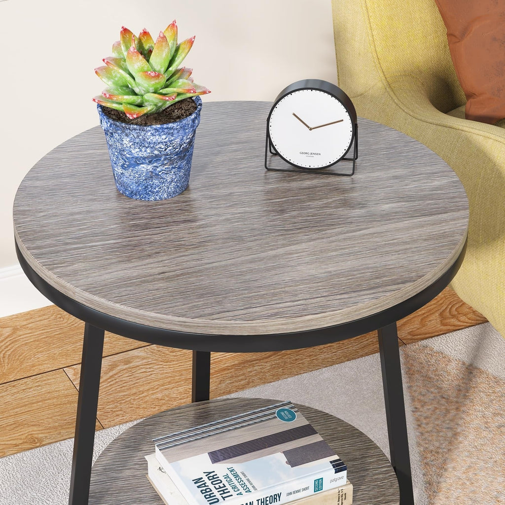 Industrial Round End Table With 2-Tier Storage