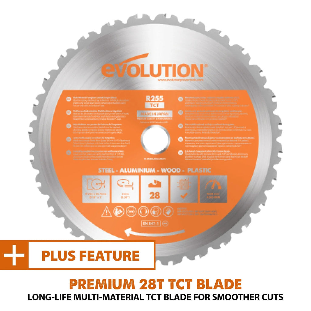 Evolution Dual Bevel Sliding Miter Saw With 10 in Multi-Material Cutting Blade - R255SMS-DB+