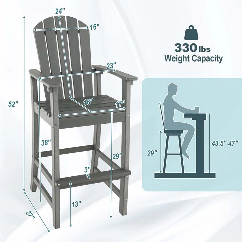 Outdoor HDPE Tall Adirondack Counter Height Bar Stool With Armrests And Footrest - 30Quot