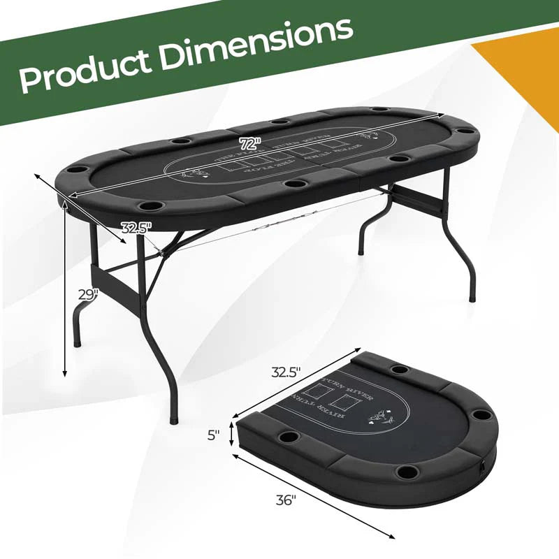 8-Player Foldable Poker Table, 72in With Cup Holders - Blue/Black/Green