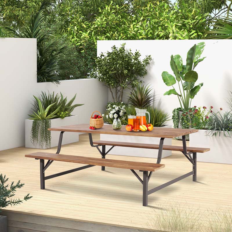 Acacia Wood Picnic Table Bench Set, 71in With 2in Umbrella Hole And Metal Frame
