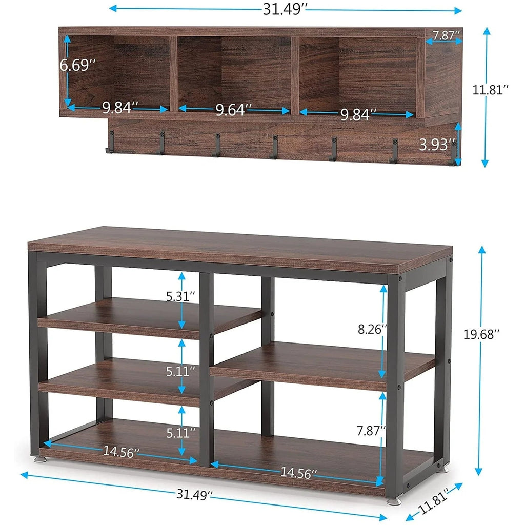 5-in-1 Entryway Hall Tree With Coat Rack, Shoe Bench, 7 Hooks, 3 Cubbies And 3-Tier Shoe Rack