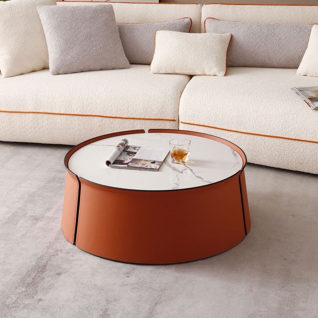 Coffee Table, 31.5 Inch Marble Top, Orange Saddle Leather Body, Iron Frame