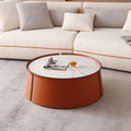 Coffee Table, 31.5 Inch Marble Top, Orange Saddle Leather Body, Iron Frame