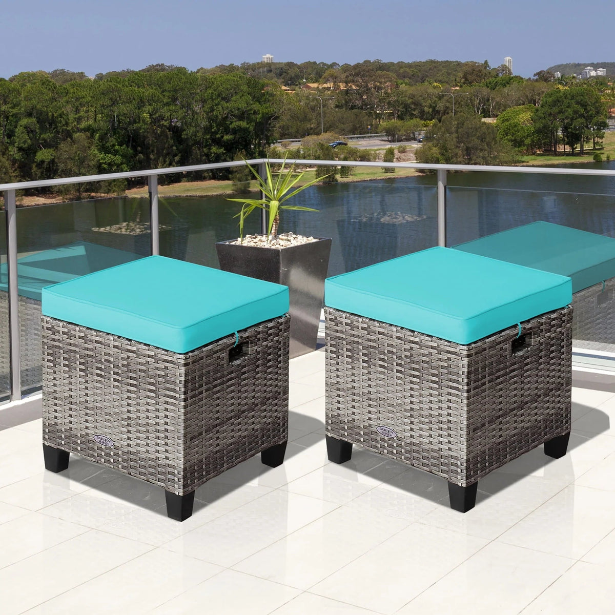 Costway 2-Piece Patio Rattan Cushioned Ottoman Set, 16 x 16 x 18 in, Turquoise
