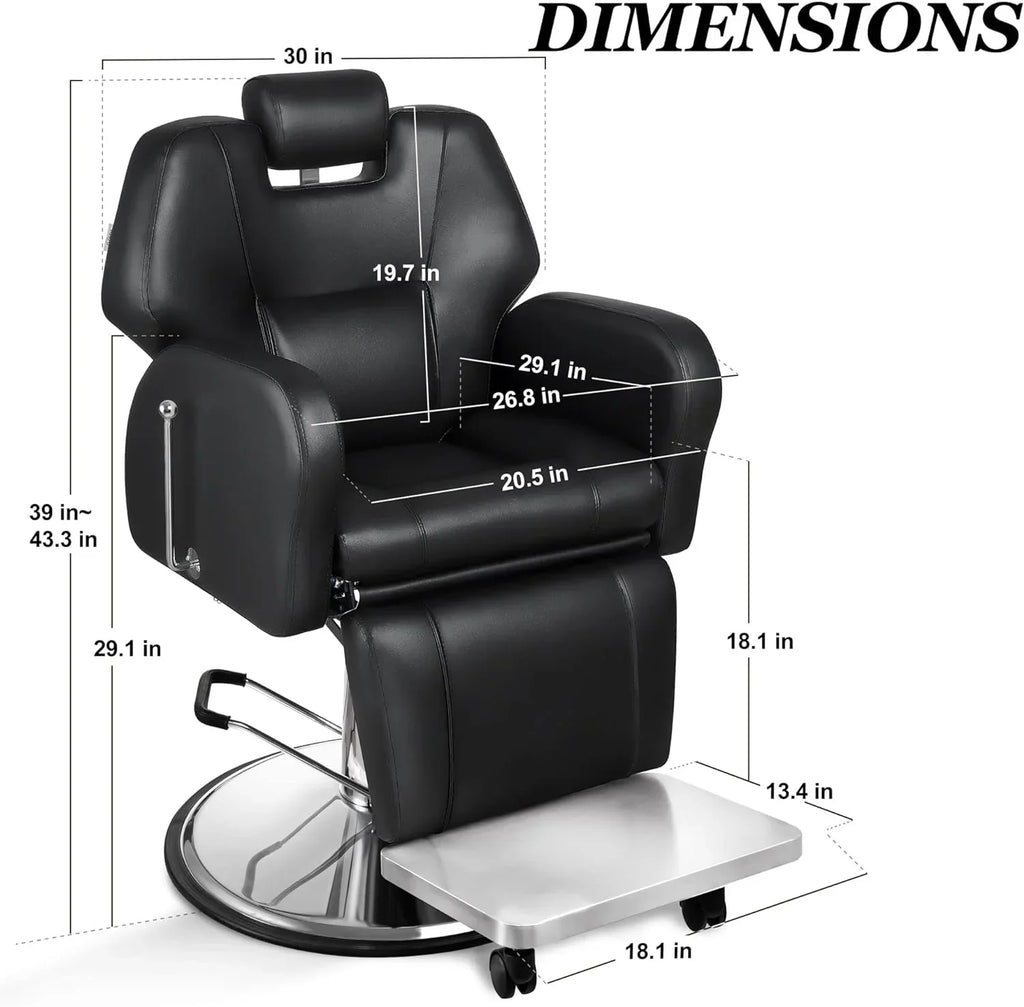 Baasha Reclining Barber Chair, 165 Degree, Heavy-Duty Steel Frame, Black