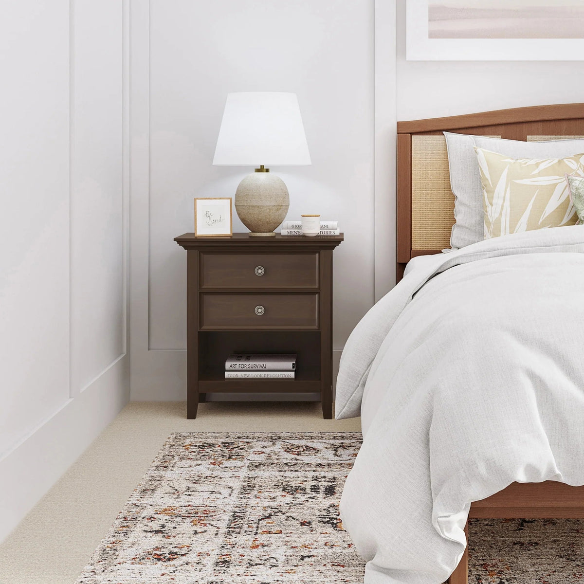 Solid Wood Nightstand With 2 Drawers And Open Shelf, 16 in D x 24 in W x 26 in H