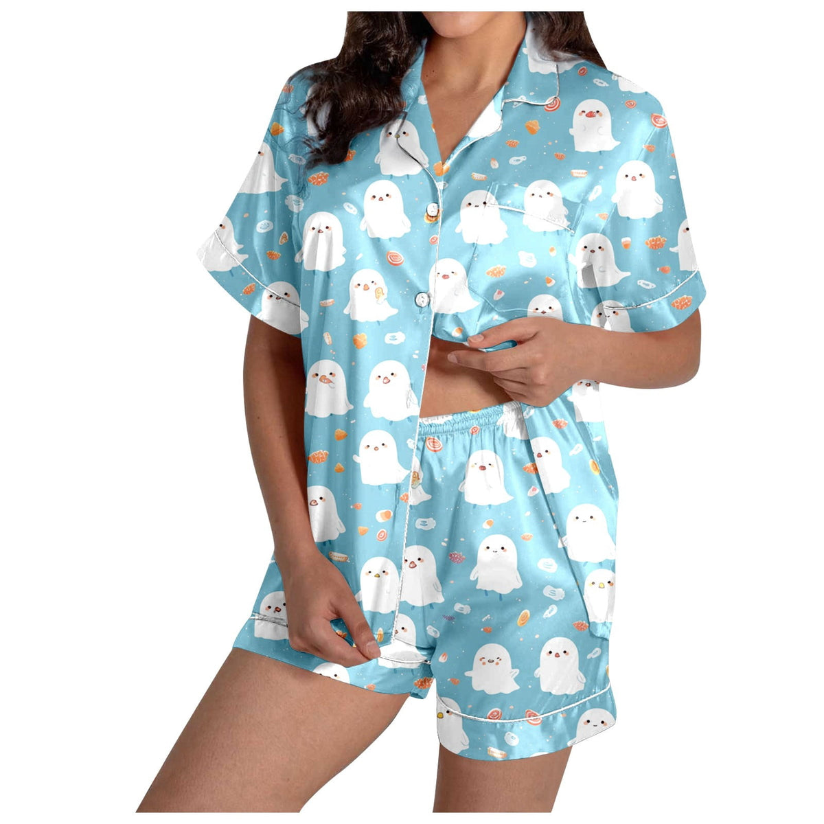 MEZZALL Women Halloween Printed Pajama With Lapel Collar Short Sleeve Tops And Shorts For Home Wear Cozy For Lightweight And Breathable Comfort Relaxed Fit 2 Piece Pjs