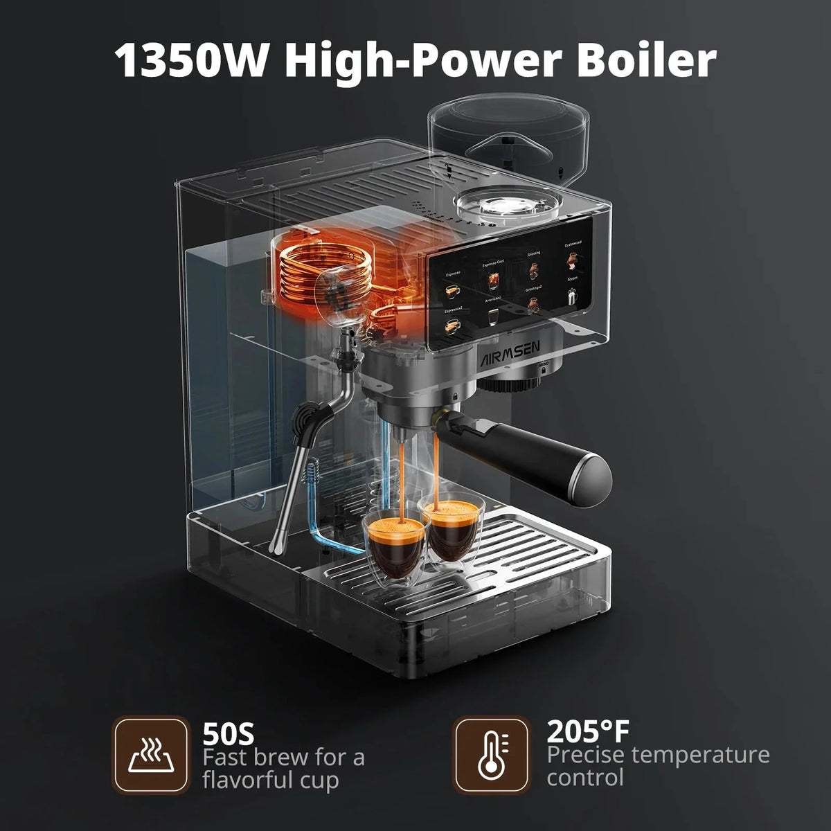 AIRMSEN Espresso Machine With Grinder, 20-Bar, 1350W, 63oz, Brushed Stainless Steel
