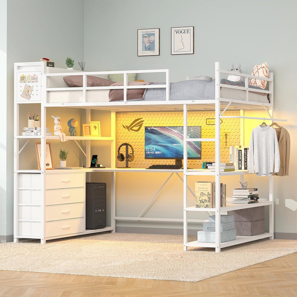 Twin Metal Loft Bed Frame With U-Shaped Desk, Storage Headboard, LED Lights, Power Outlet And 4 Drawers