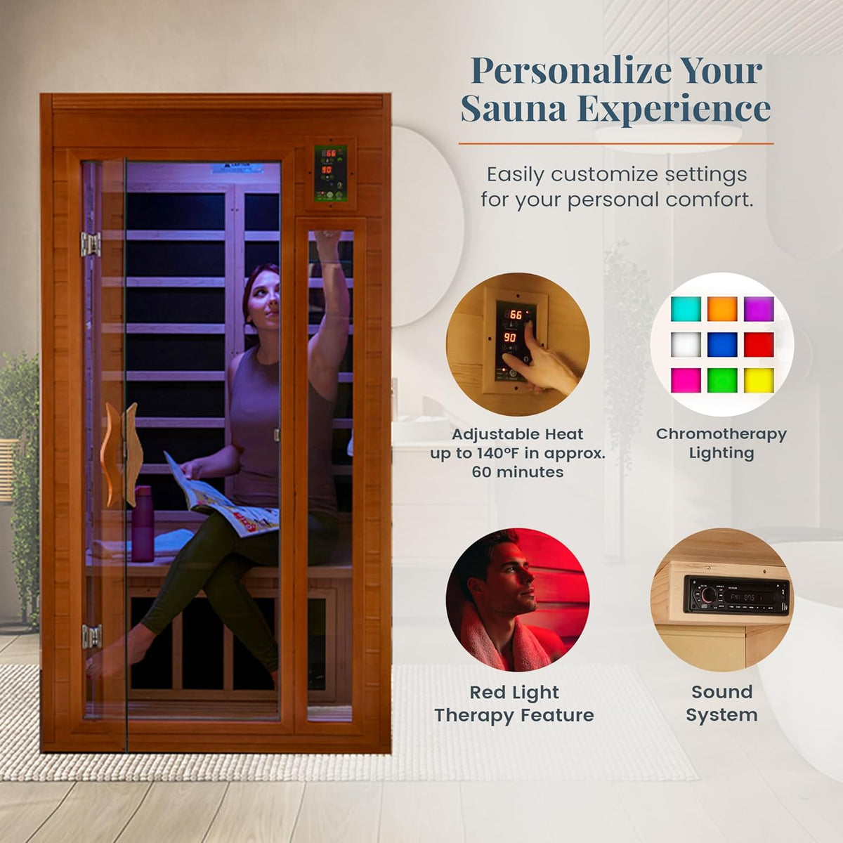 DYNAMIC SAUNAS 1- to 2-Person Low EMF Far Infrared Dry Heat Sauna With Red Light Therapy - Barcelona
