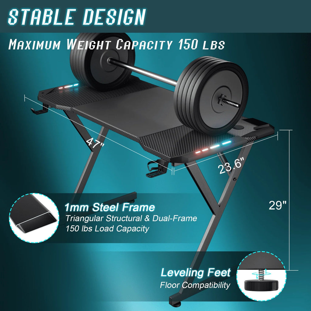 HLDIRECT Gaming Desk With LED Lights, Carbon Fibre Surface, Black - 47 Inch