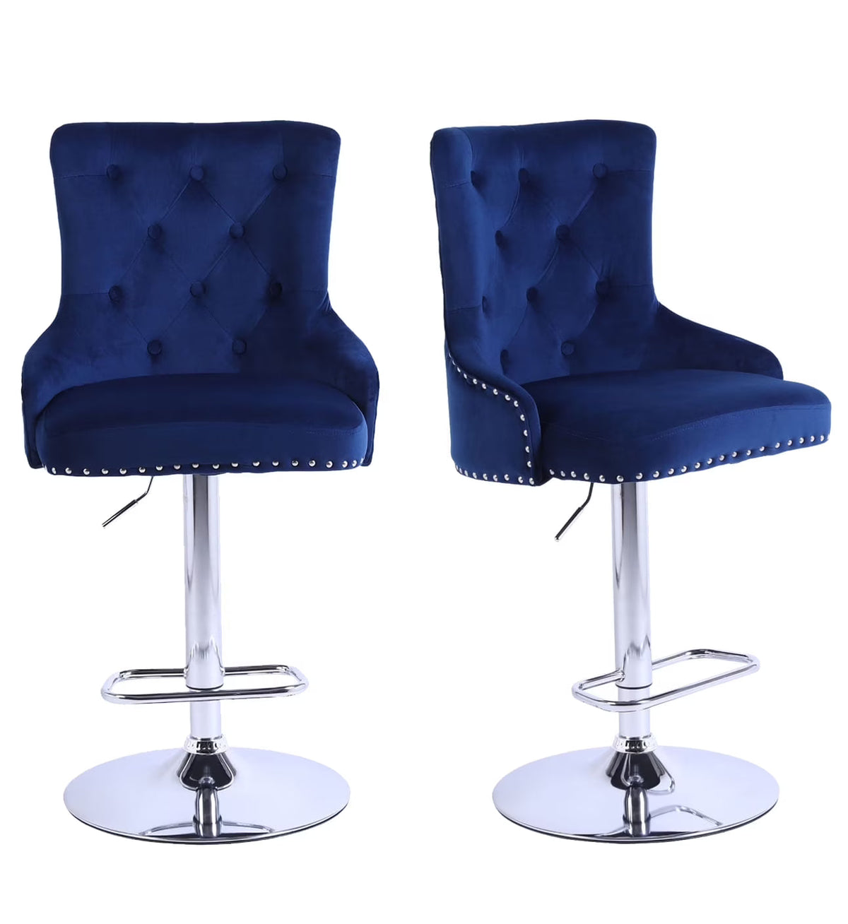 Alexent 2-Piece Swivel Bar Stools, Dark Blue, 43.7-51.6 H, 19.3 W x 18.1 D - Silver Footrest