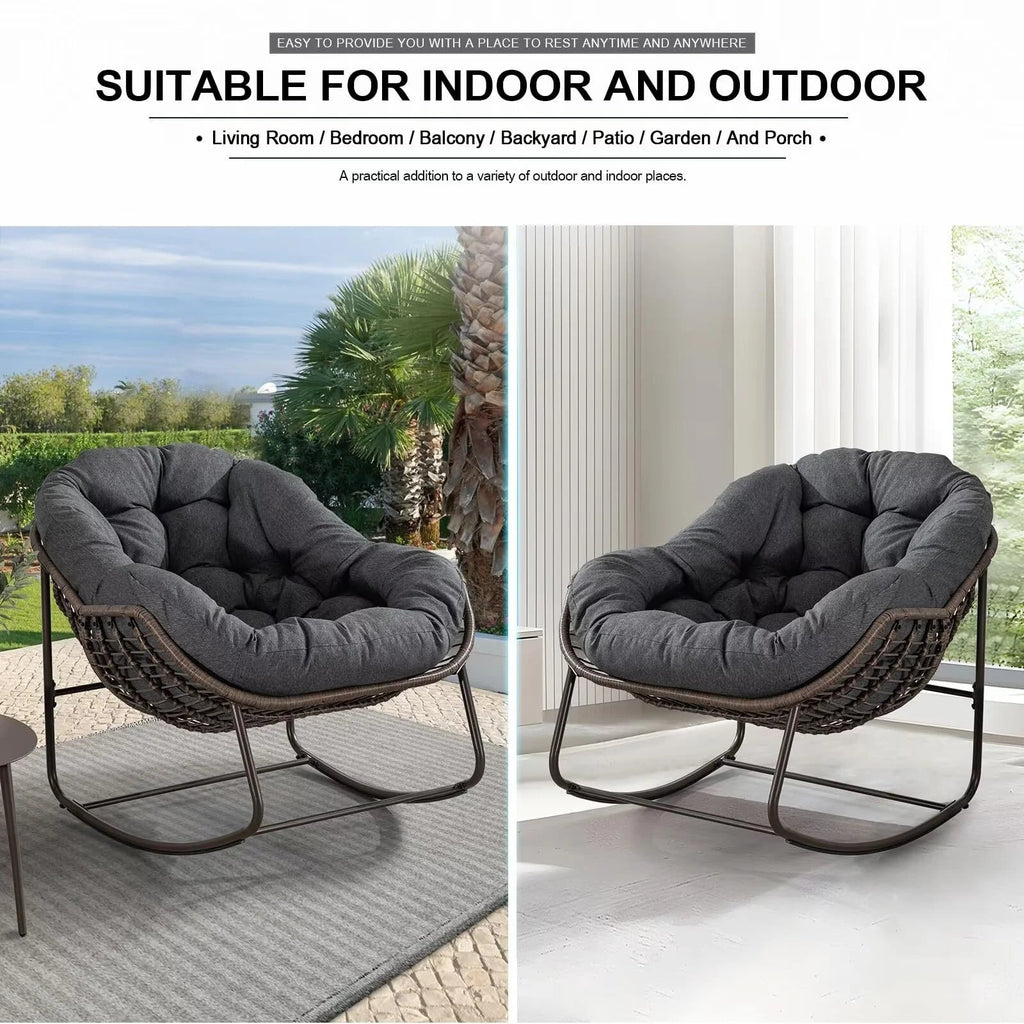 Outdoor Papasan Rocking Chair With Thick Cushion, Grey - 43.70in D x 37.20in W x 31.50in H