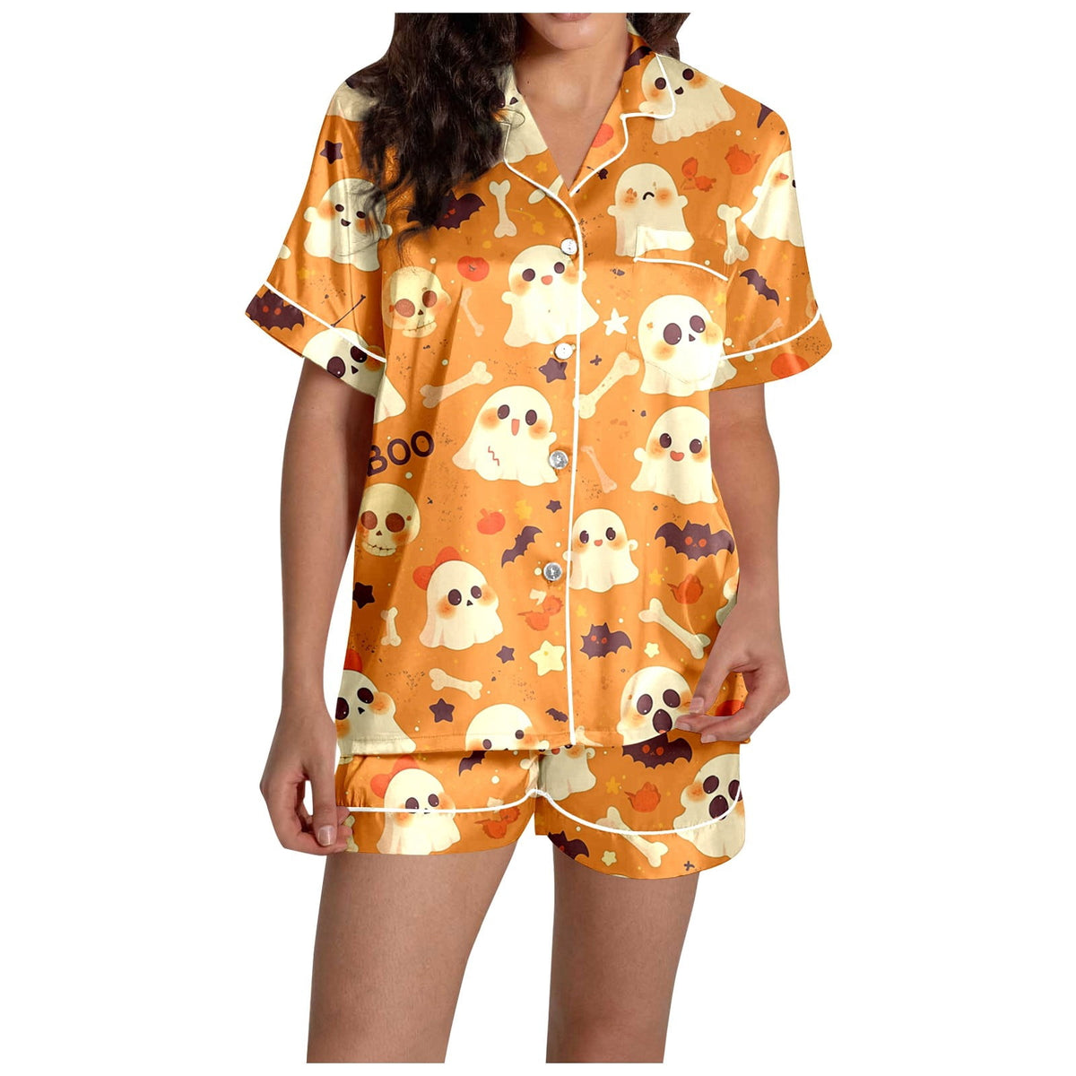 MEZZALL Women Halloween Printed Pajama With Lapel Collar Short Sleeve Tops And Shorts For Home Wear Cozy For Lightweight And Breathable Comfort Relaxed Fit 2 Piece Pjs