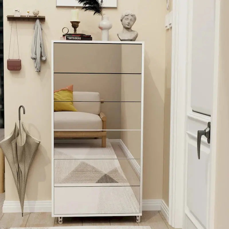 Flip-Door Mirror Shoe Cabinet 6-Tier Organizer With Metal Legs And Touch-Sensitive Drawers