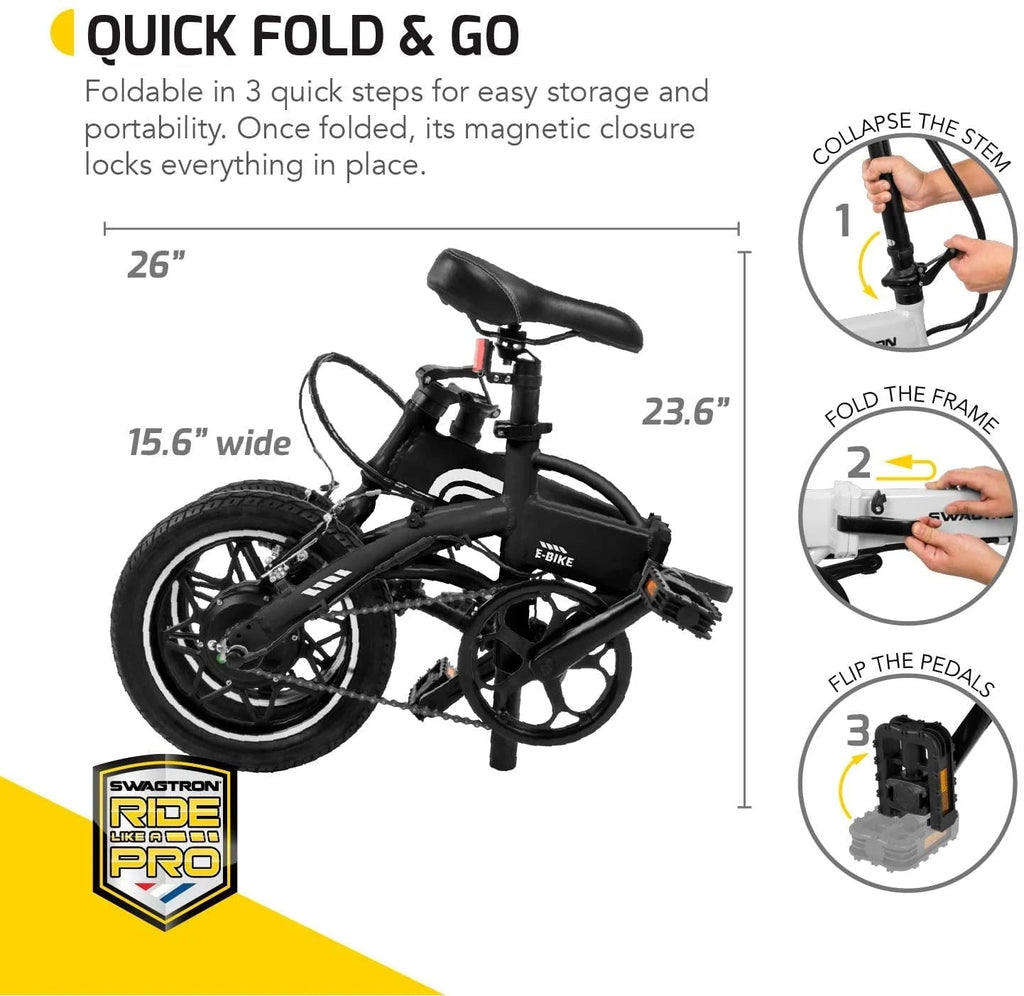 Swagtron Swagcycle EB5 Pro Plus Folding Electric Bike With Pedals, Lightweight Aluminum - Recertified