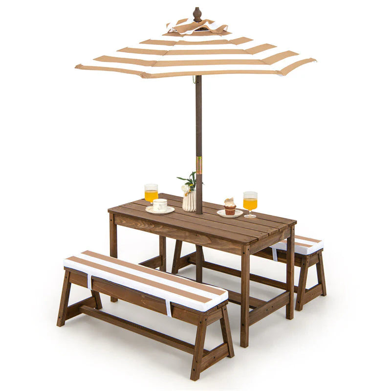 Wooden Kids Picnic Table Bench Set With Cushions And Height-Adjustable Umbrella - 35 in