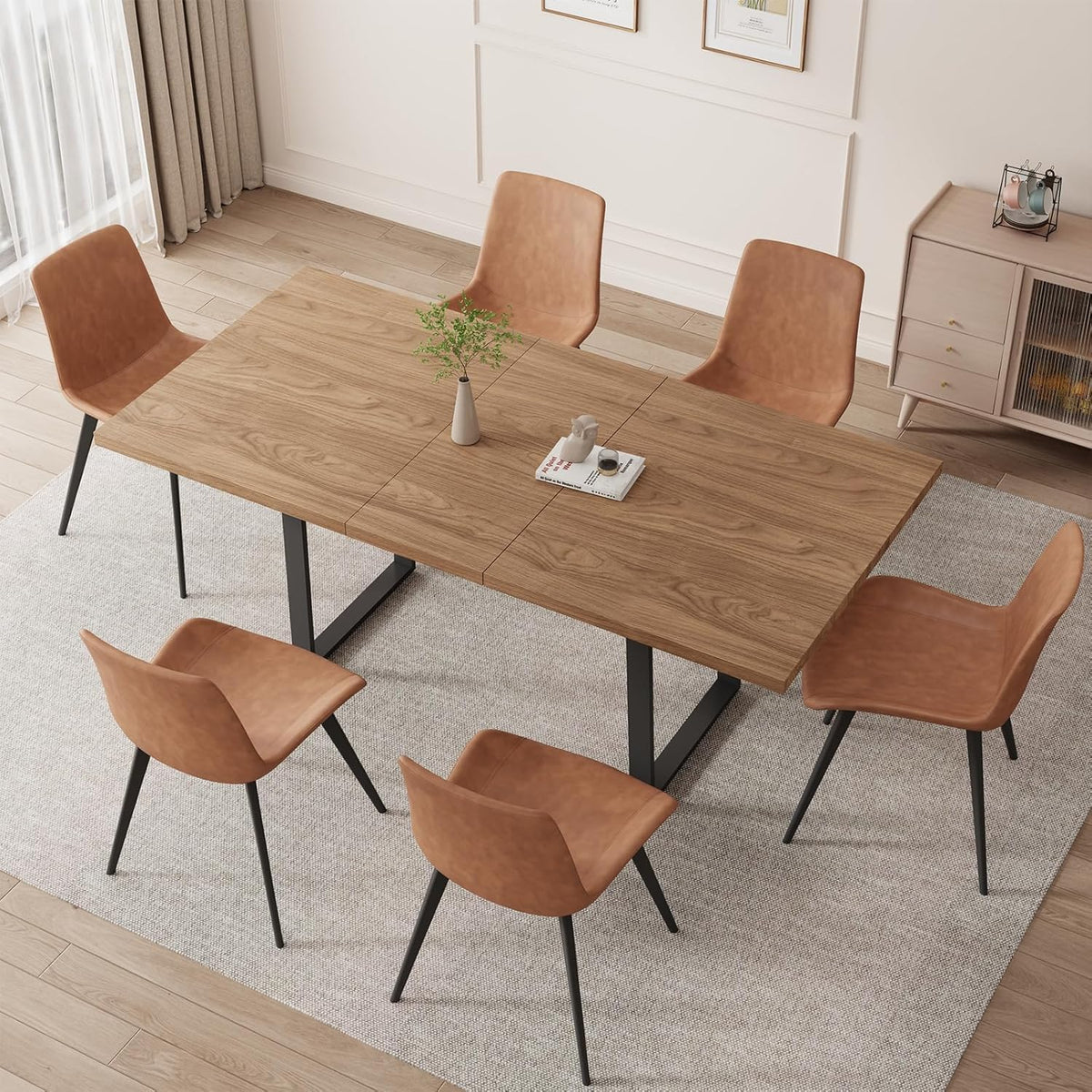 ZckyCine Expandable Walnut Dining Table With 6 Upholstered Chairs, 7-Piece Set - 67 inch