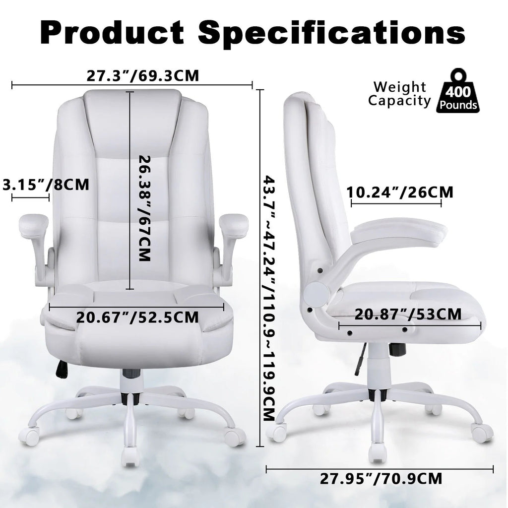 Big And Tall Ergonomic Office Chair, High Back Leather Executive Computer Chair With Padded Flip-Up Arms - 20.87in D x 27.3in W x 47.24in H