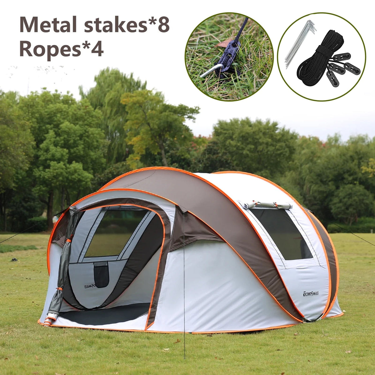 6 Person Instant Cabin Pop Up Tent, White + Orange, 10 Second Setup