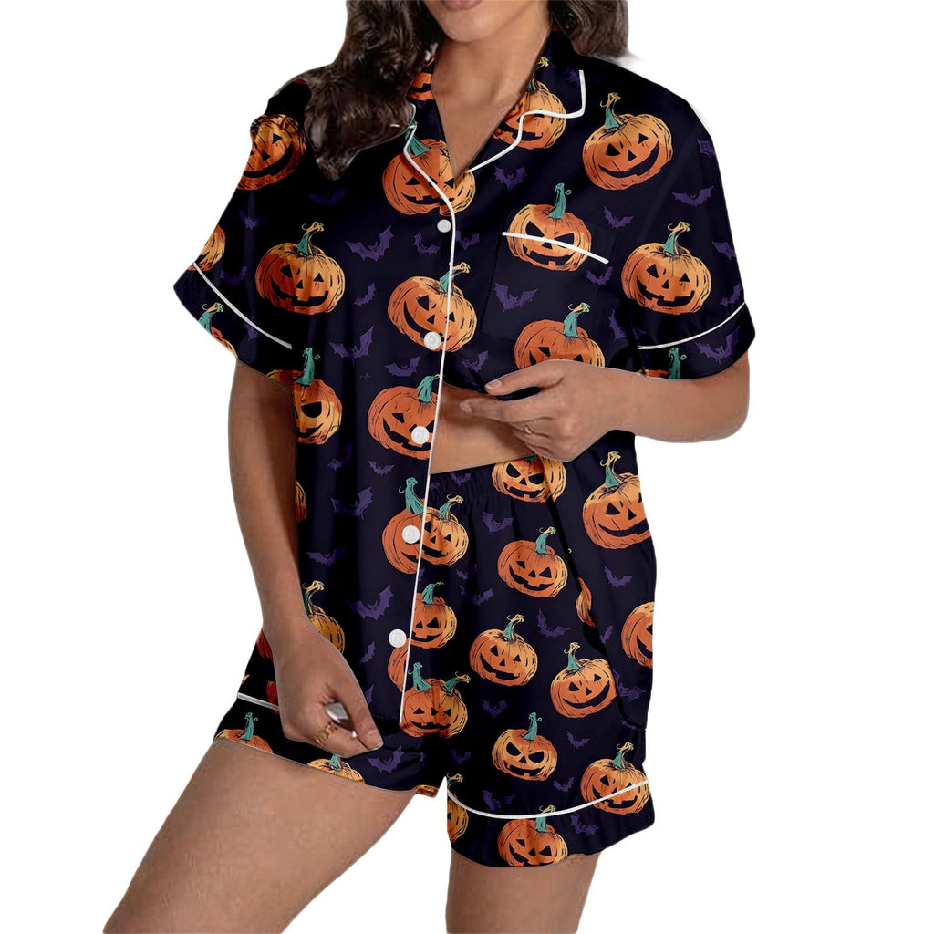 MEZZALL Women Halloween Printed Pajama With Lapel Collar Short Sleeve Tops And Shorts For Home Wear Cozy For Lightweight And Breathable Comfort Relaxed Fit 2 Piece Pjs