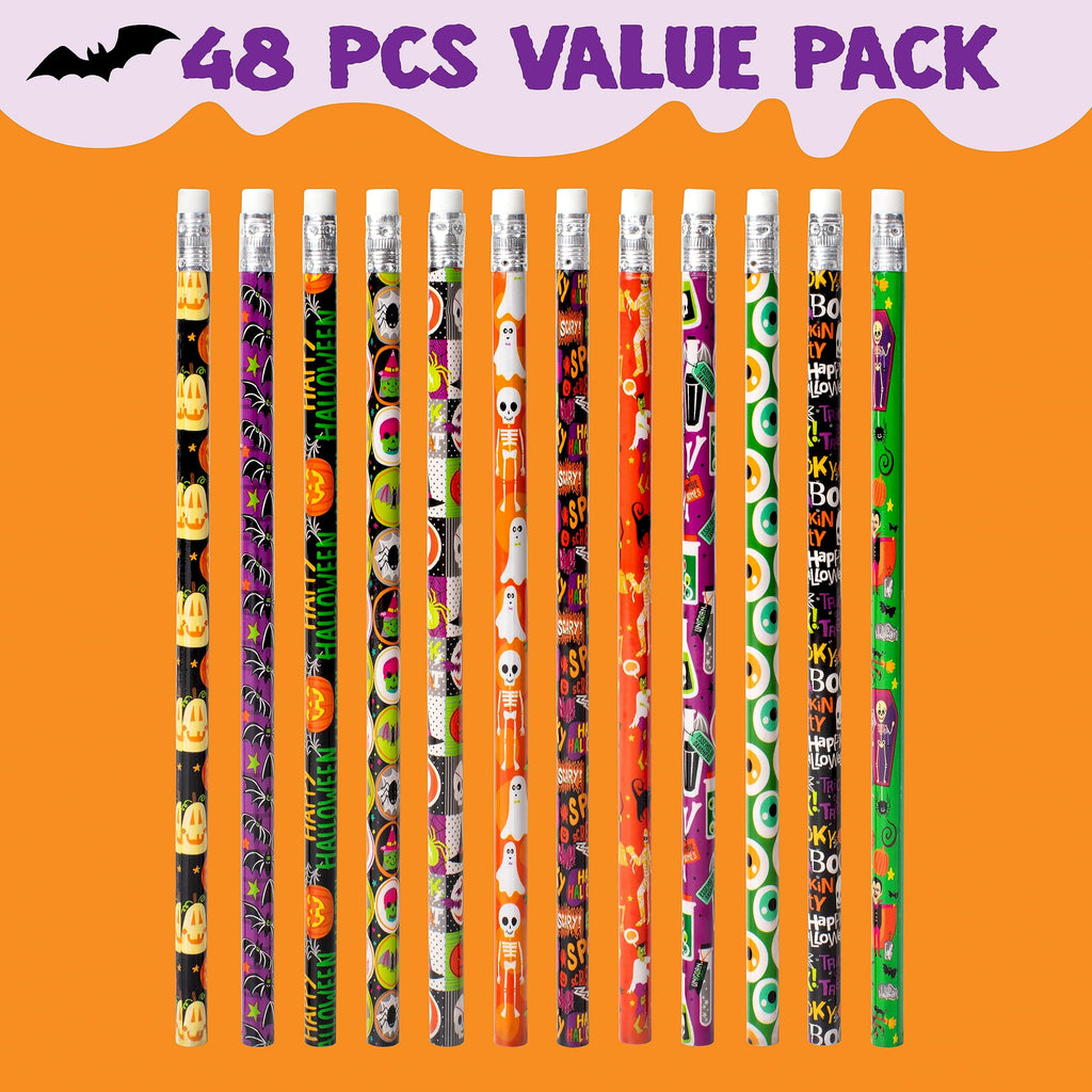 Joyfy 48 Pcs Halloween Pencils Bulk with Eraser for Kids, Colorful Pencils Stationery Pencil Set, Halloween Favors Prizes for Kids, Halloween Bulk Toys