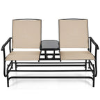2-Person Outdoor Bench Glider Chair With Center Table, Mesh Fabric, 57 x 28 x 38 in