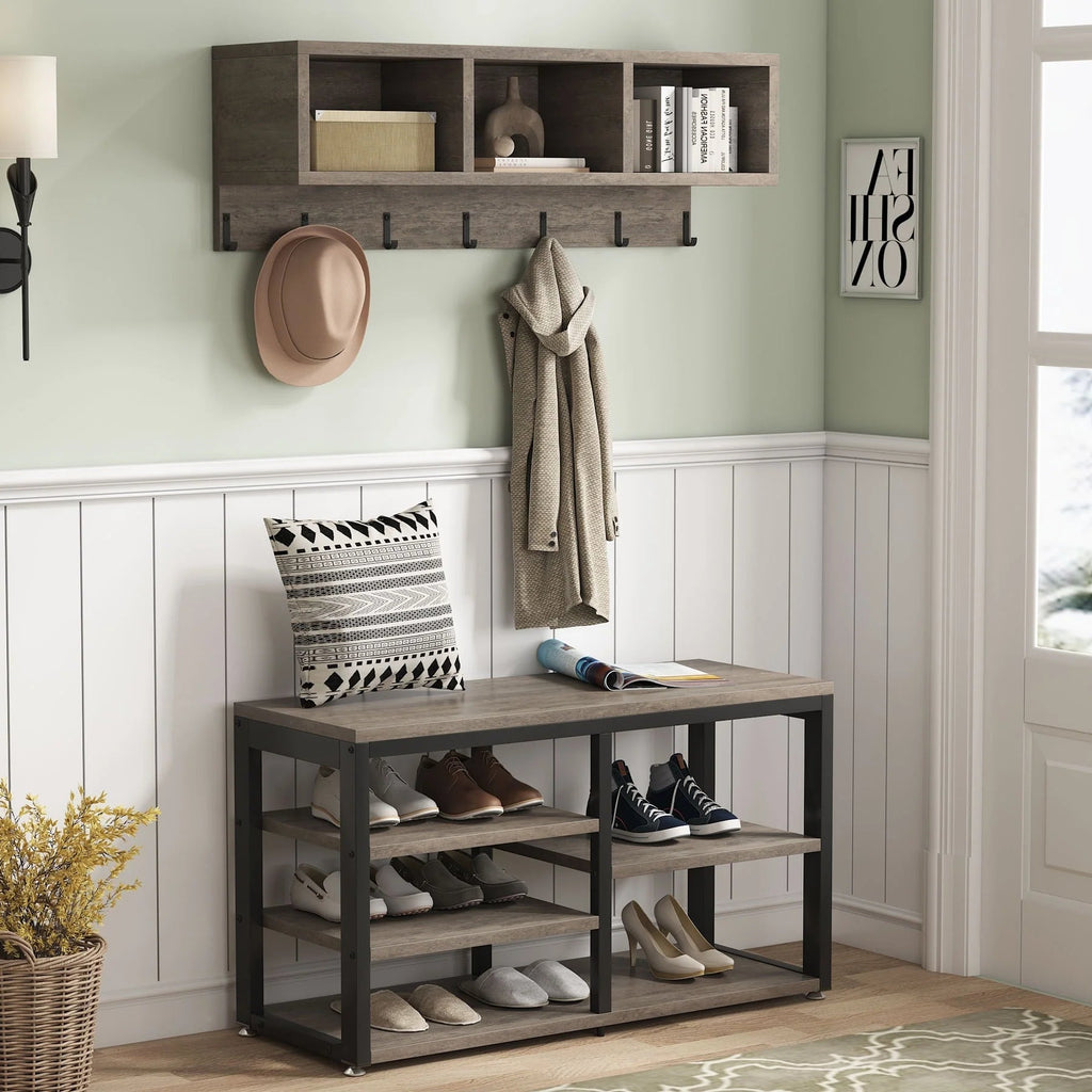 5-in-1 Entryway Hall Tree With Coat Rack, Shoe Bench, 7 Hooks, 3 Cubbies And 3-Tier Shoe Rack