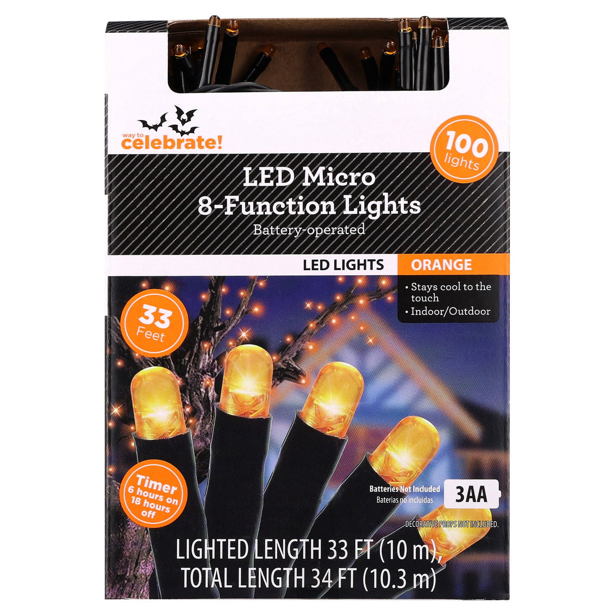Indoor/Outdoor 100-Count Battery-Operated LED 8-Function Micro String Lights, 33', Halloween by Way To Celebrate