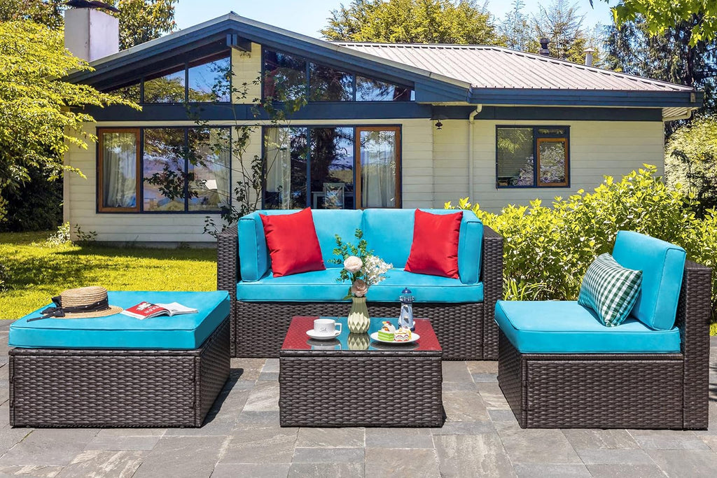 5-Piece All-Weather Wicker Patio Conversation Set With Ottoman And Cushions