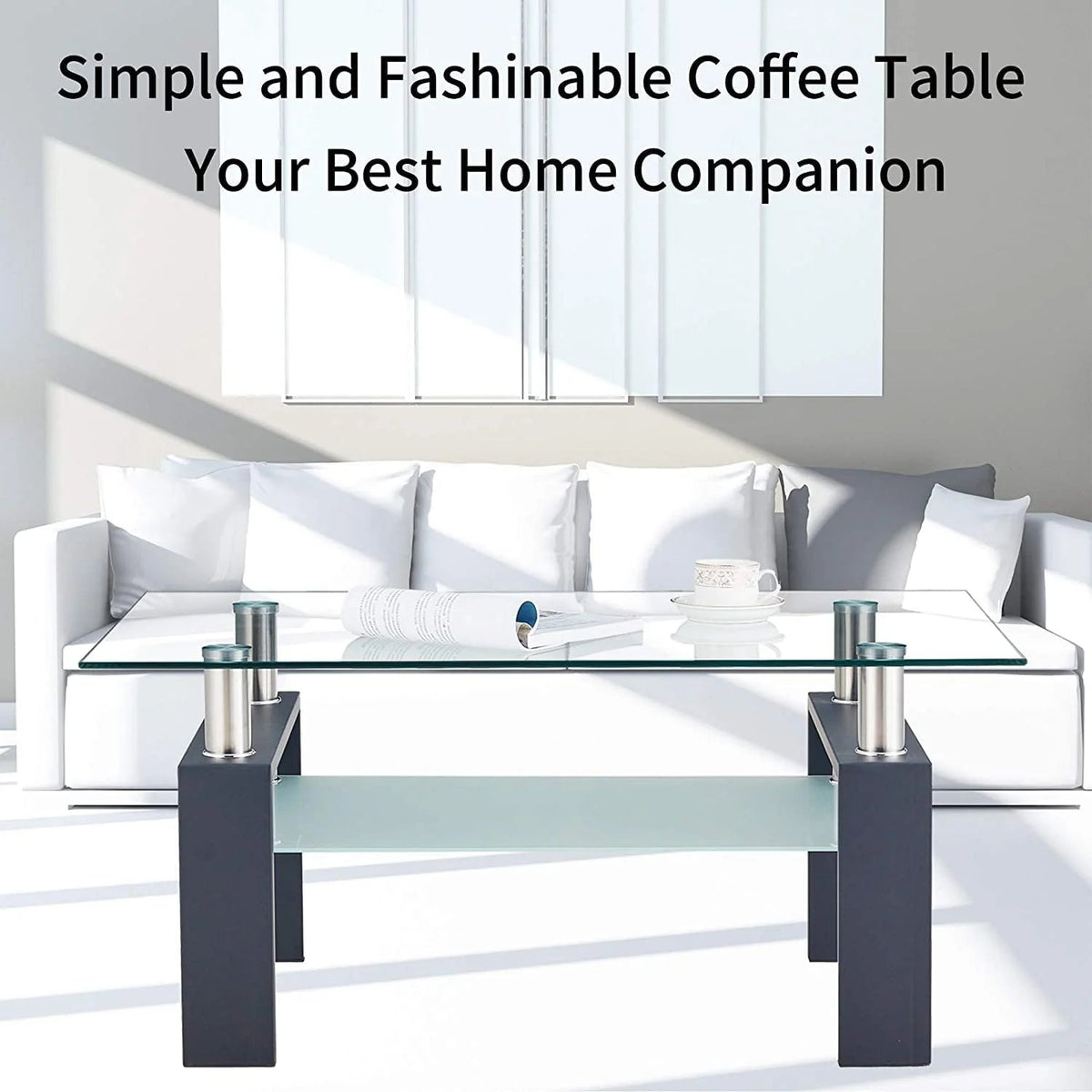 SEGMART Glass Coffee Table With Lower Shelf, 39.4 x 24 x 17.7 in - L5509