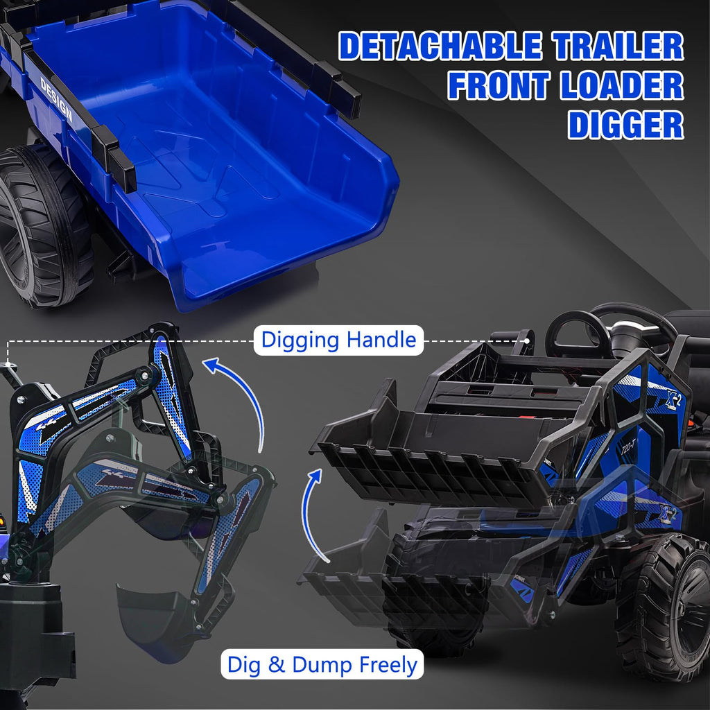 3-in-1 Ride-On Tractor 24V Electric Excavator & Bulldozer With Remote Control, LED, Music, USB/Bluetooth - Bright-Blue