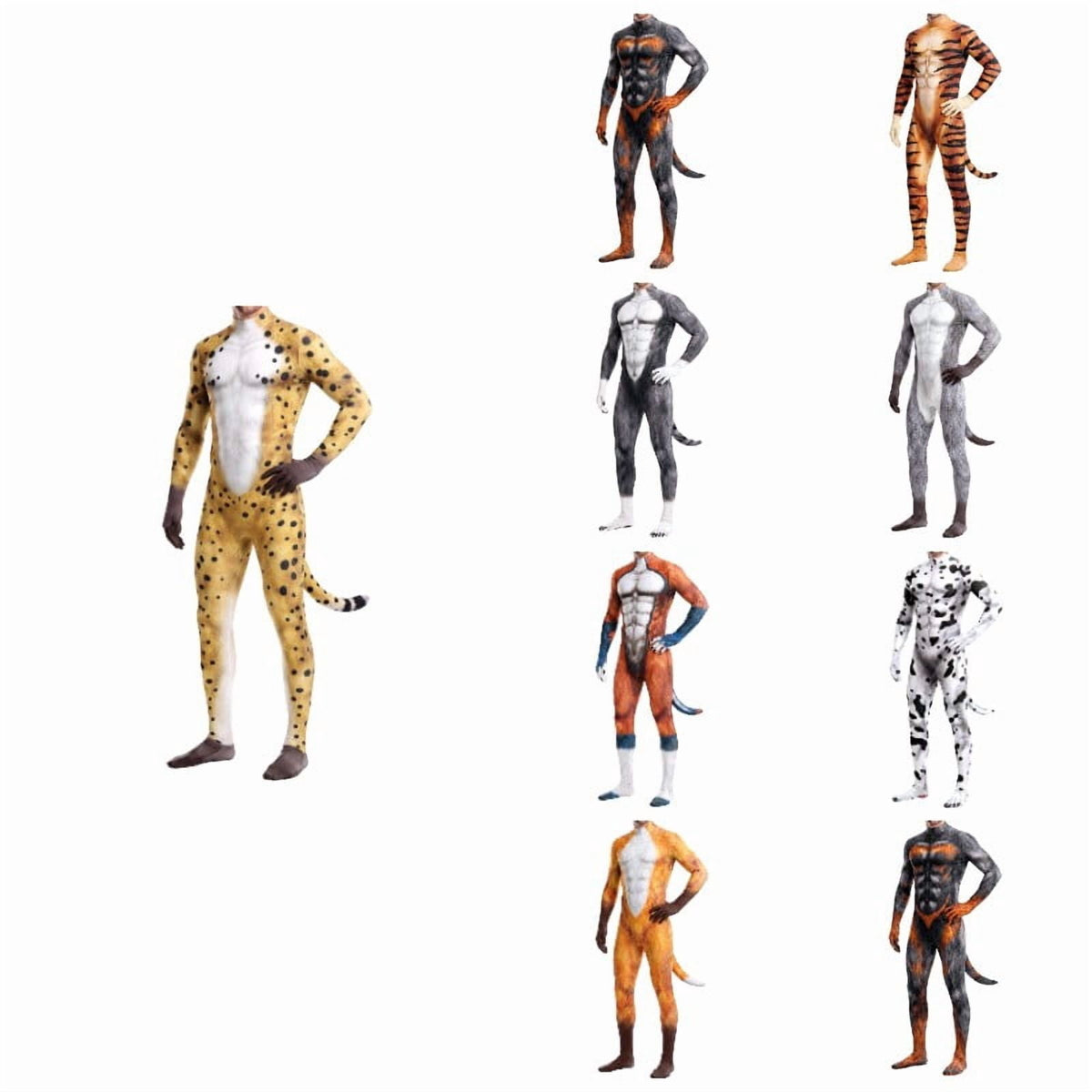 Krdevn Men 3D Animal Cosplay Bodysuit, Full‑Body Stretch Jumpsuit Costume with Tail for Halloween
