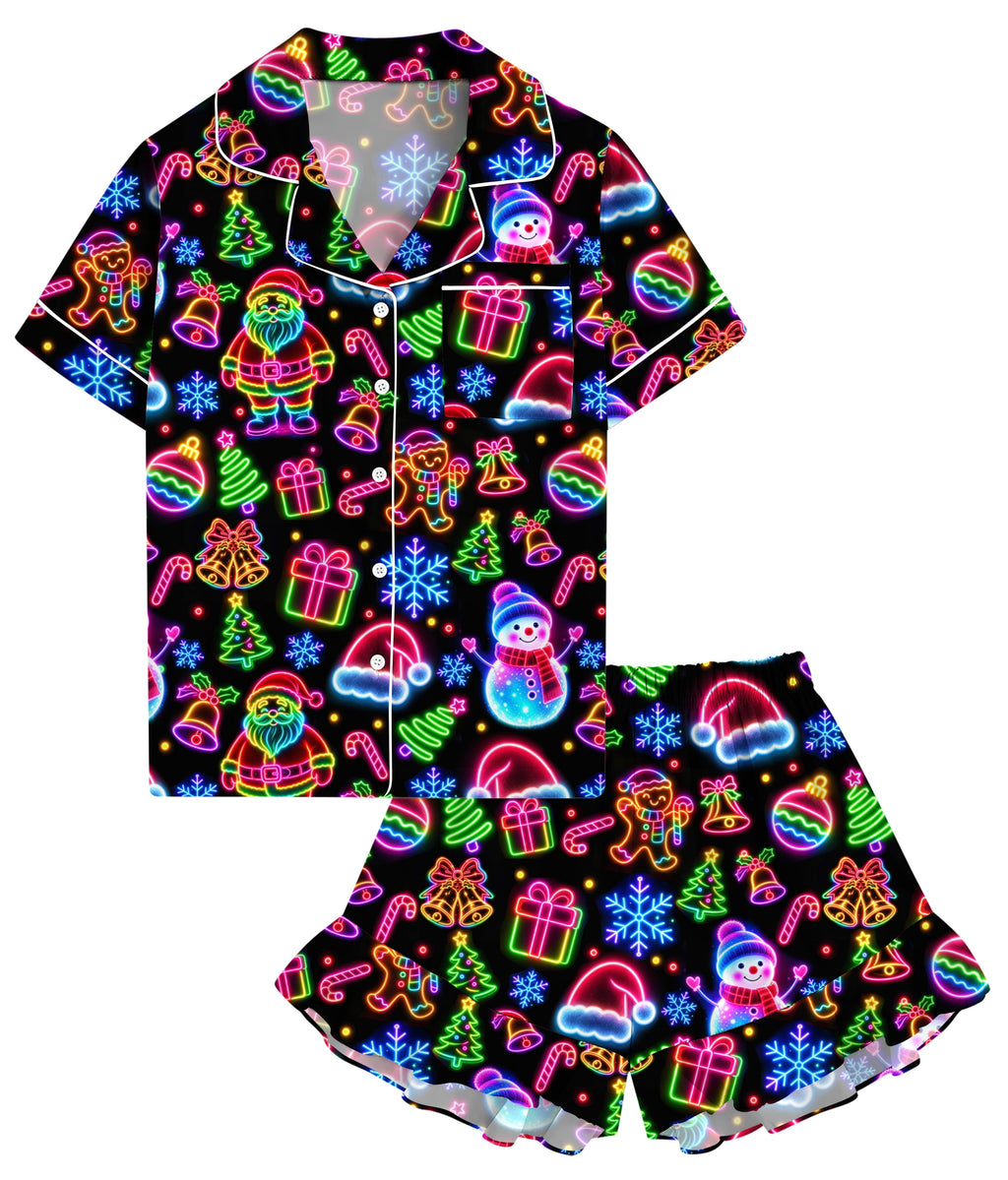 Aideaone Girls Satin Pajama Set Short Sleeve Button Down Silk Sleepwear 2 Piece Summer Loungewear for Child Girl 6-14Y