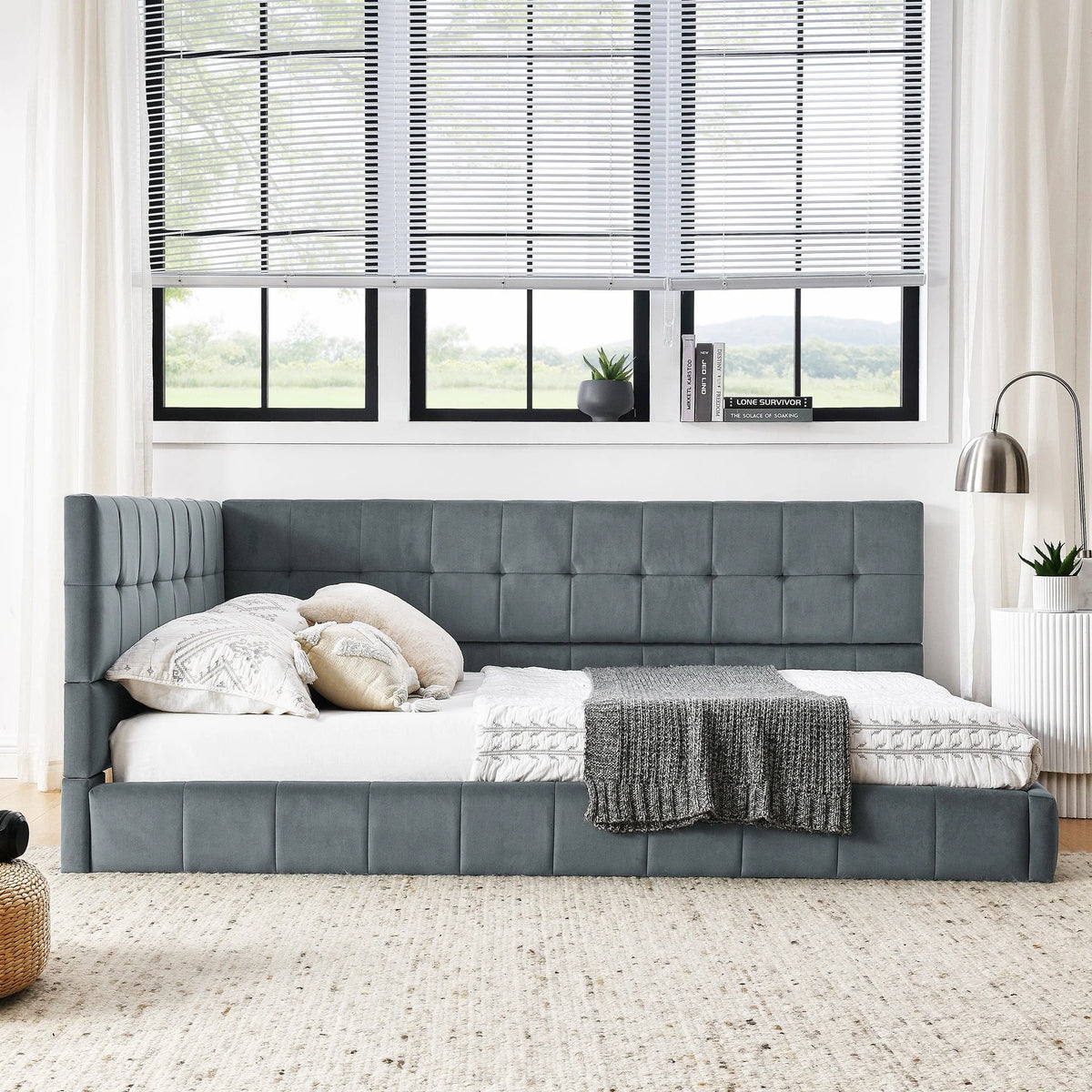 Full Upholstered Tufted Velvet Daybed Frame With Backrest And Armrests, Grey, 80.5'' x 59'' x 30.5''