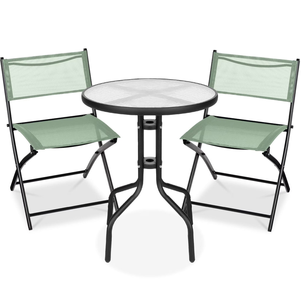 Best Choice Products 3-Piece Patio Bistro Dining Set With Glass Tabletop And Folding Chairs - Gray