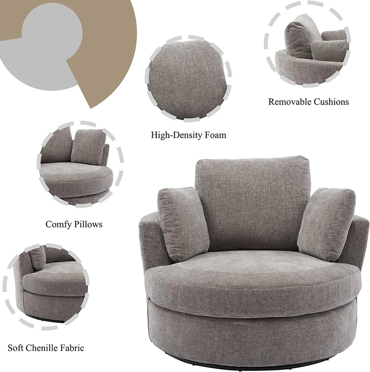 42in W Swivel Barrel Chair, Chenille Fabric, Grey