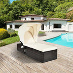 Cushioned Rattan Outdoor Chaise Lounge Chair With Folding Canopy, Flip-Up Tea Table And 5 Positions