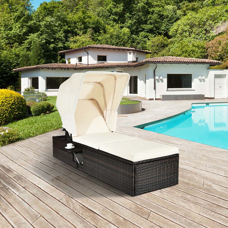 Cushioned Rattan Outdoor Chaise Lounge Chair With Folding Canopy, Flip-Up Tea Table And 5 Positions