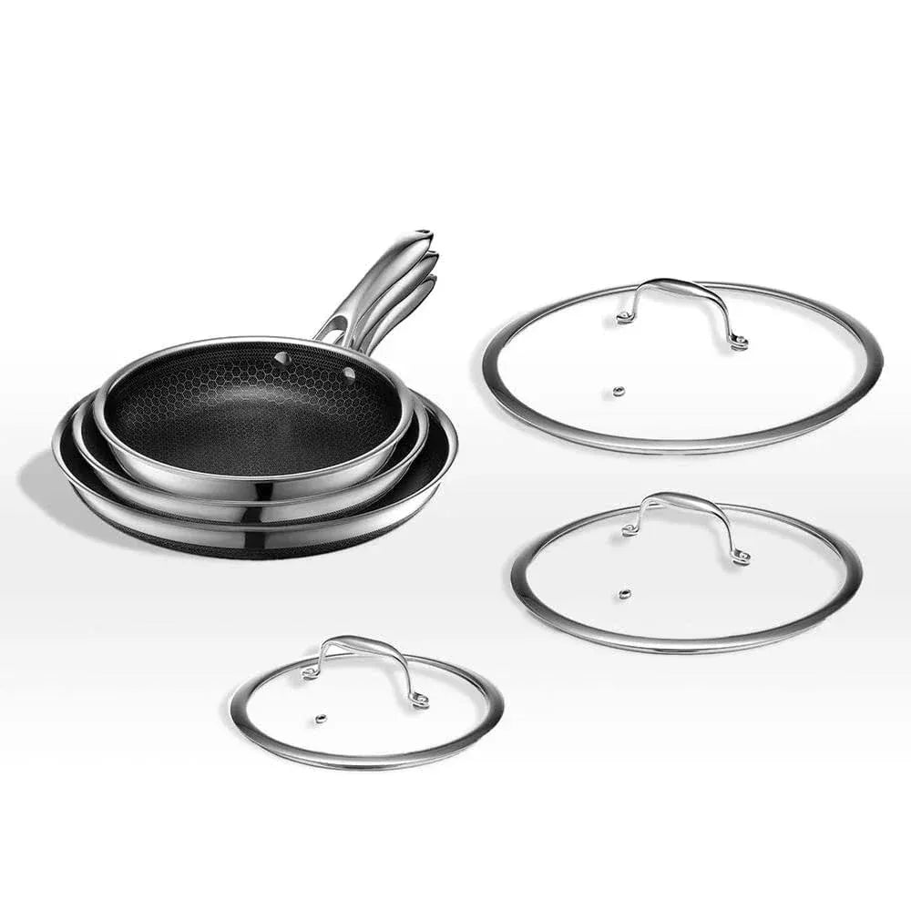 Hybrid Stainless Steel Pan Set With Glass Lids, 6-Piece, 8-Inch, 10-Inch And 12-Inch, Black