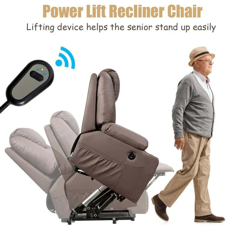 Electric Power Lift Recliner Chair With Leather Massage, Lumbar Heating, 8 Vibrating Nodes, Cup Holders And USB Port