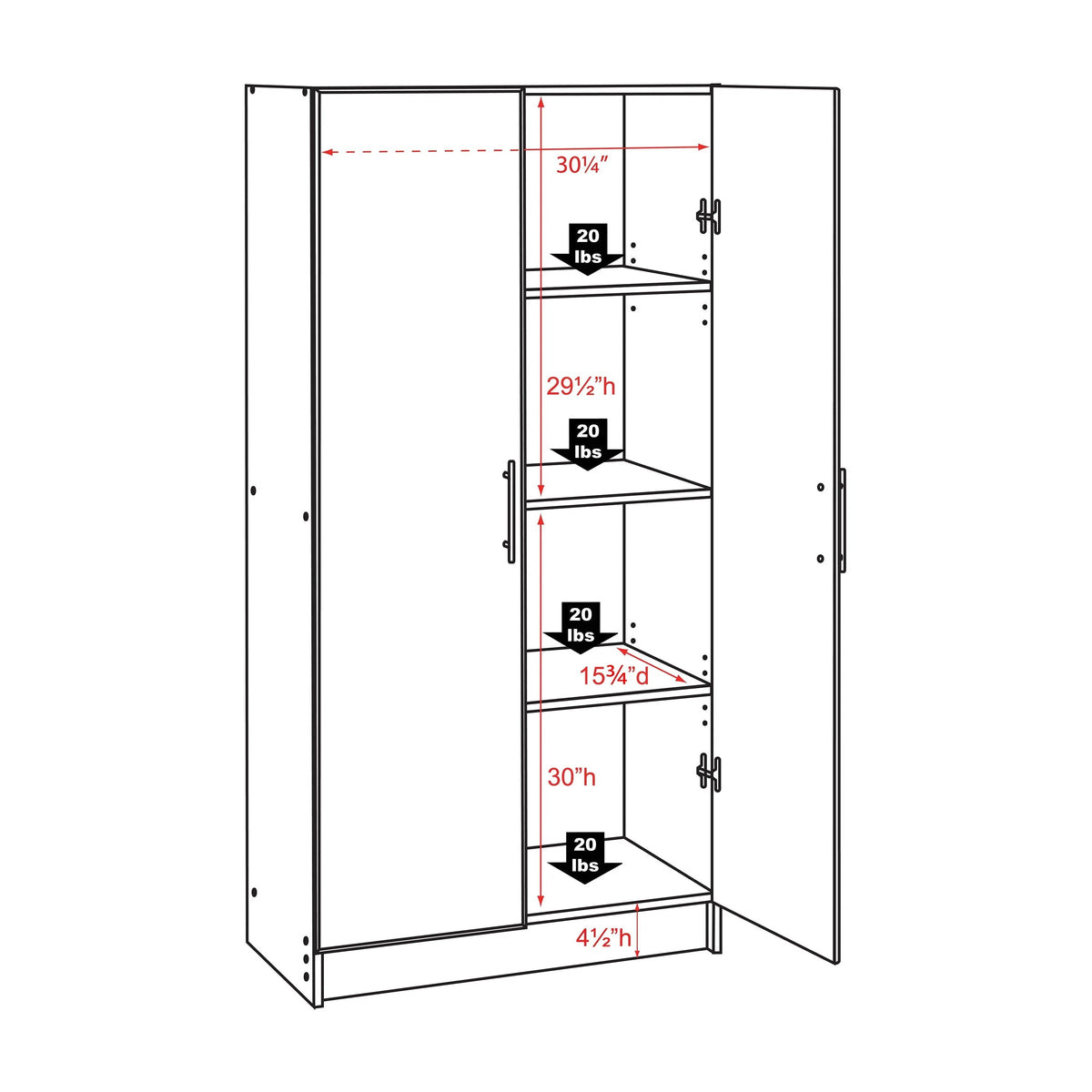 Prepac Elite 2 Door Standing Storage Cabinet, Light Gray, 16 in D x 32 in W x 65 in H
