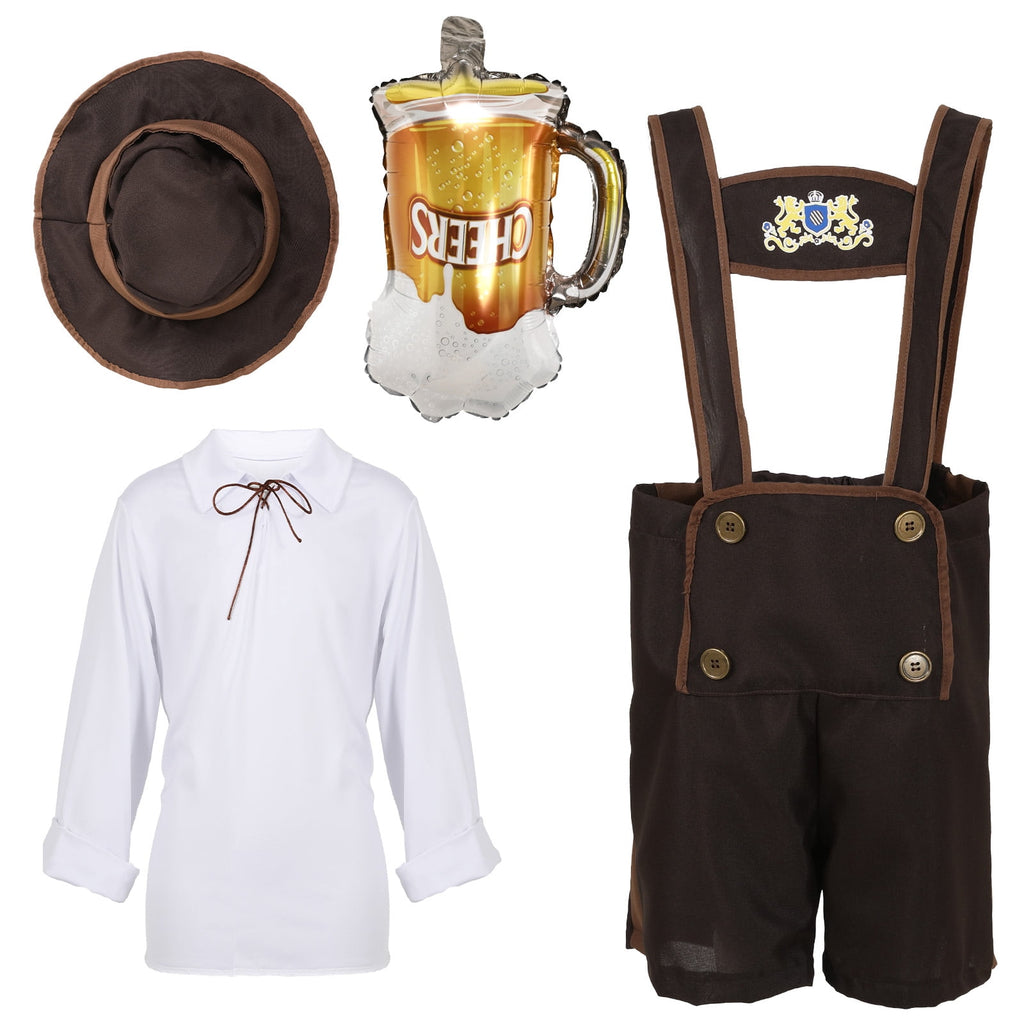 4 Piece Boys Oktoberfest Bavarian Costume Lederhosen Outfit with Hat & Beer Balloon for Traditional Halloween Party Cosplay