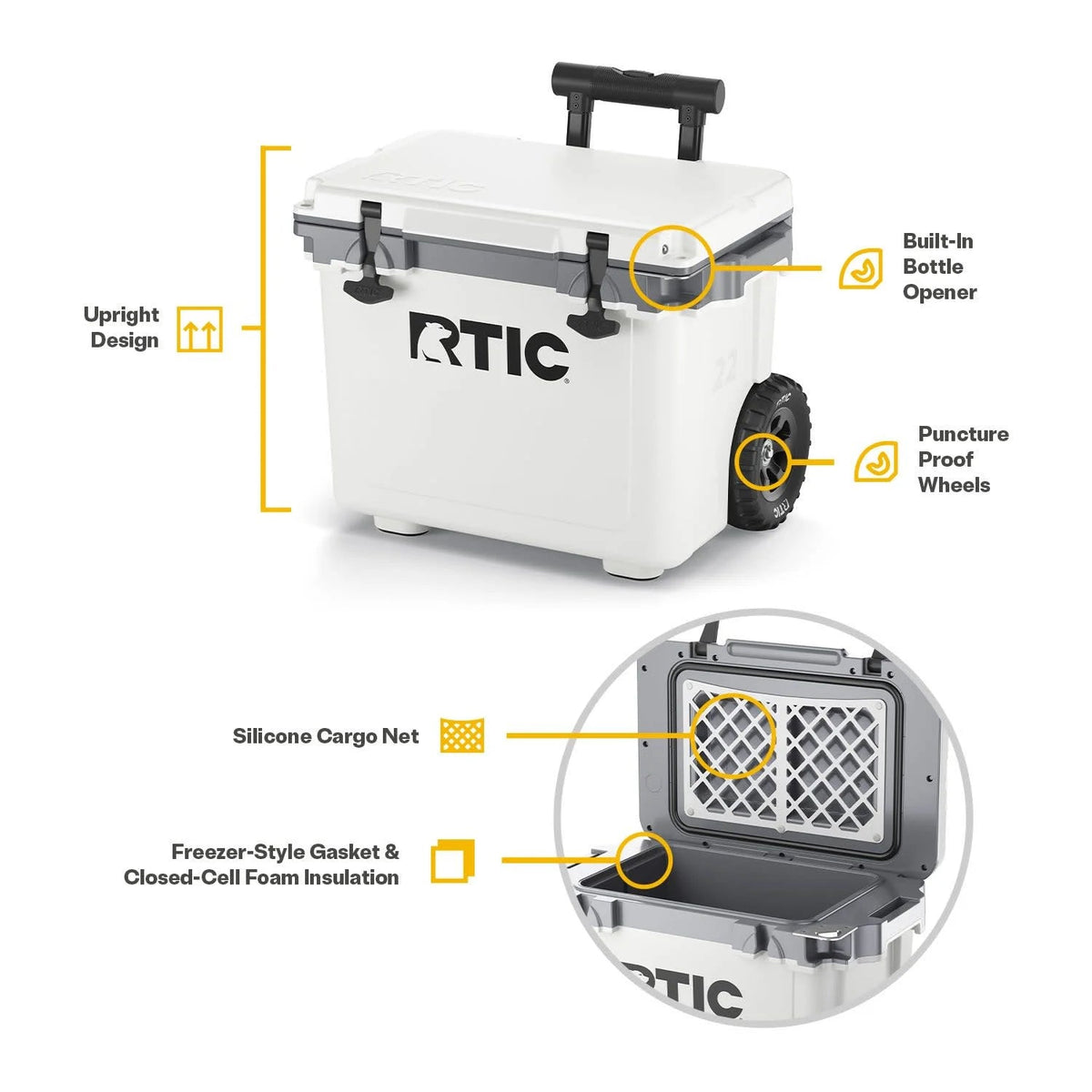 RTIC Ultra-Light Wheeled Hard-Sided Cooler, 22 QT, Fits 28 Cans or 6 Wine Bottles, White & Grey